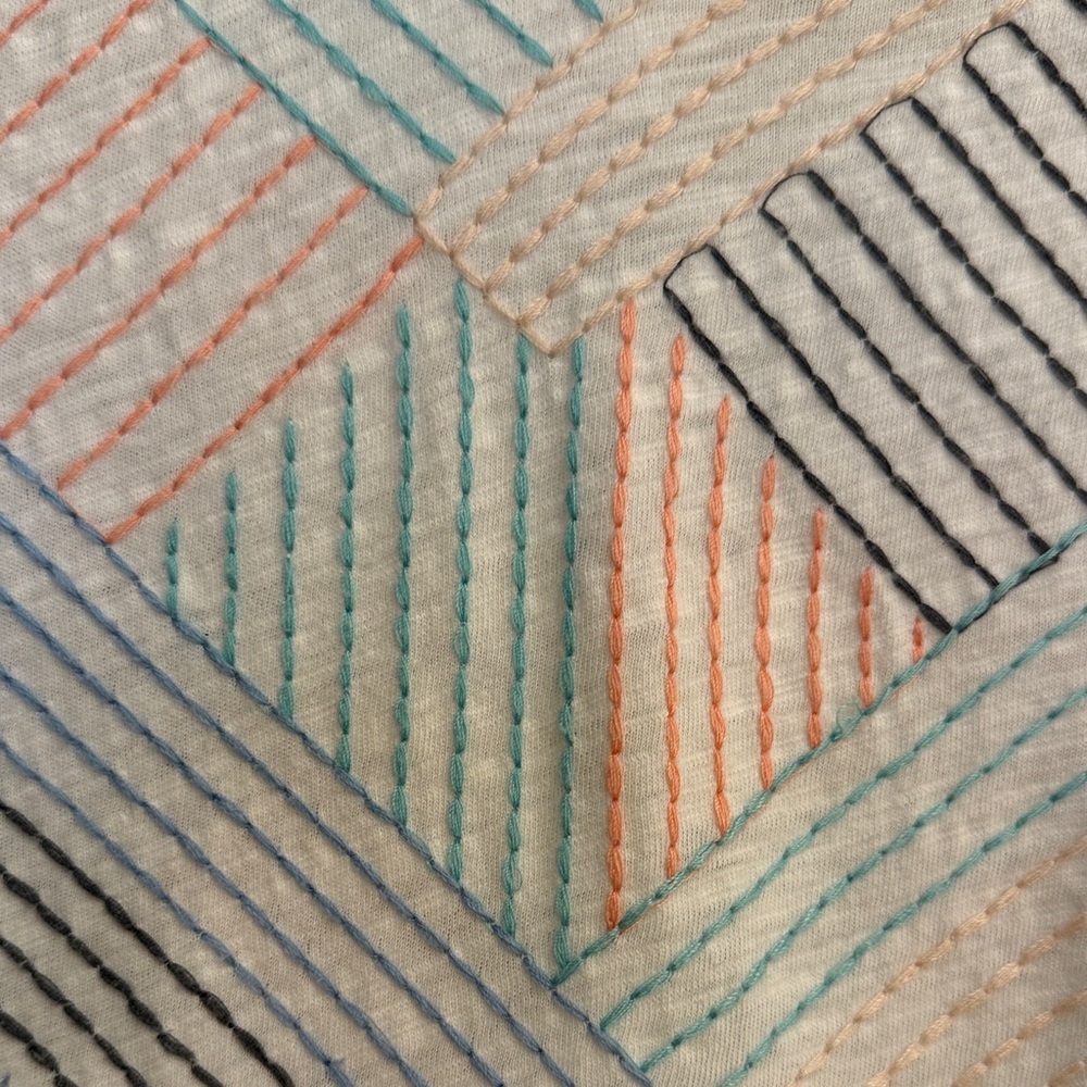 Cap-Sleeve Geometric Stripe embroidered Tee in White with Pastel Accents - Picture 7 of 7